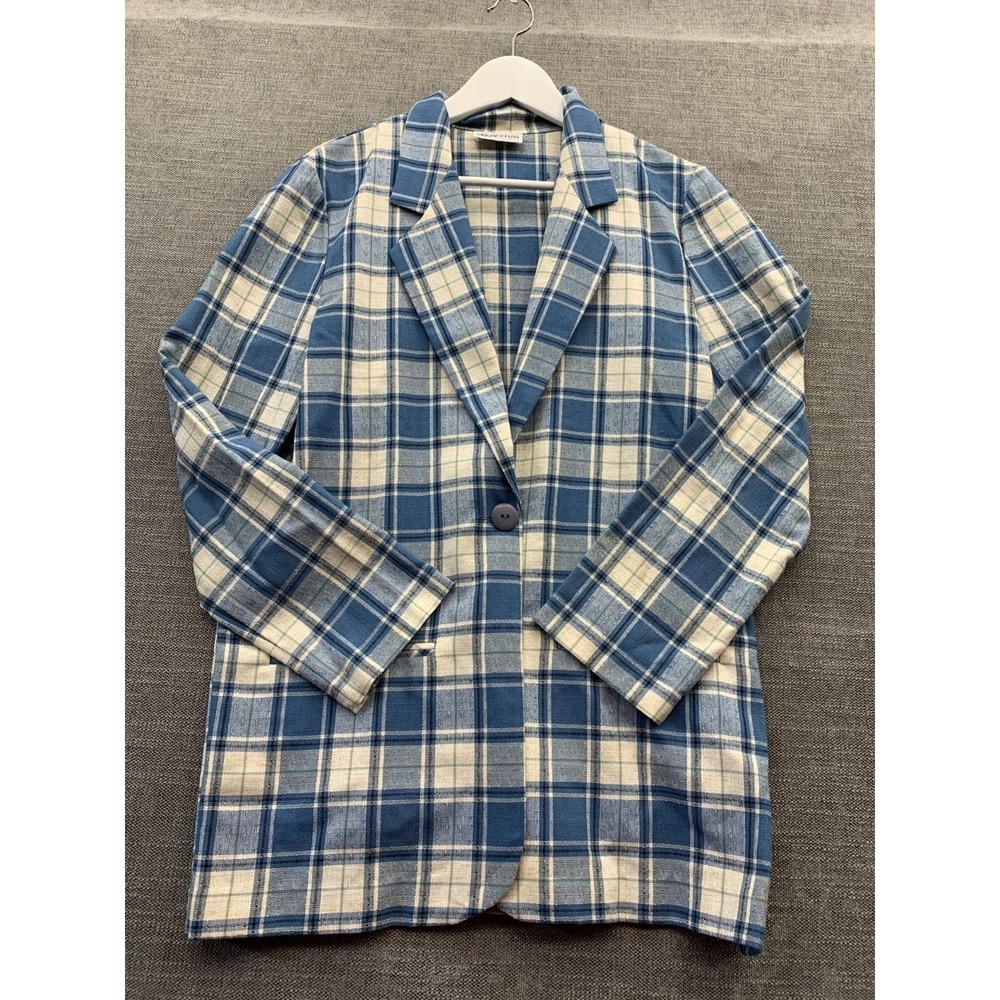Apparenza Blazer Jacket Women Large Blue Beige Plaid Single Breasted Notch Lapel